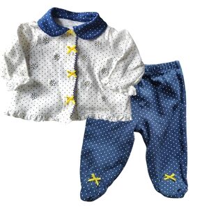 ✅4/25$✅ Little Me 3‎ Months 2 Pieces Set Polka Dot Navy White Yellow Marguerite